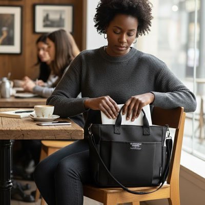 Femme utilisant sac ordinateur femme