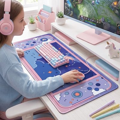 Petite fille sous main bureau enfant bleu rose