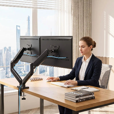 Femme concentrée devant double support ecran pc noir
