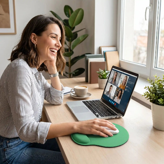 Femme souriante tapis souris ergonomique vert
