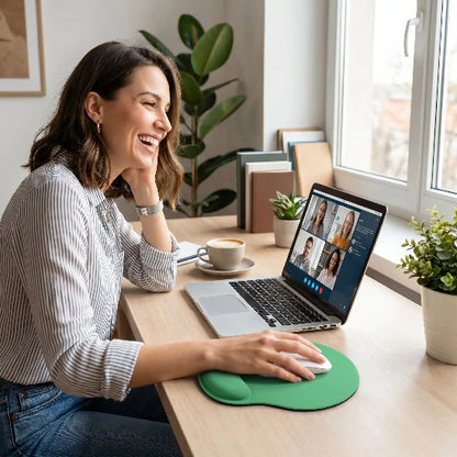 Femme souriante tapis souris ergonomique vert