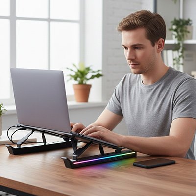 Homme travaillant support ordinateur portable noir lumières led