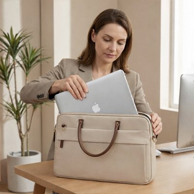 Dame utilisant sac ordinateur femme beige