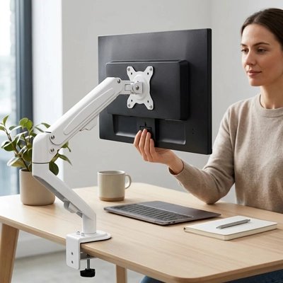 Femme ajustant support écran pc blanc