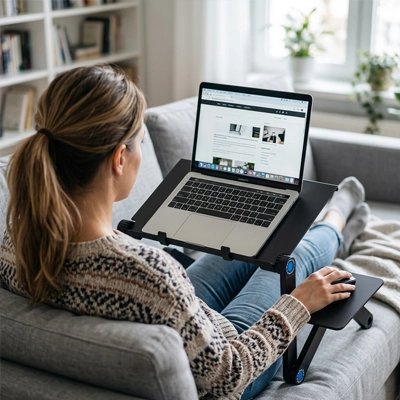 Femme canapé utilisant support ordinateur portable confortable