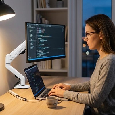 Femme devant laptop support écran pc blanc ajustable rotatif