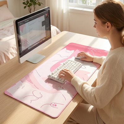 Femme devant sous main bureau chats rose blanc rose pâle