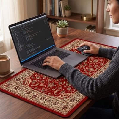 Femme devant sous main bureau design oriental rouge