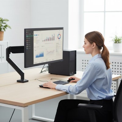 femme devant support ecran pc ajustable noir