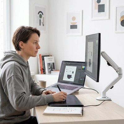 Femme devant support écran pc blanc ajustable rotatif 