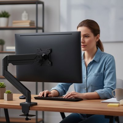 femme-devant-support ecran PC noir bras articulé