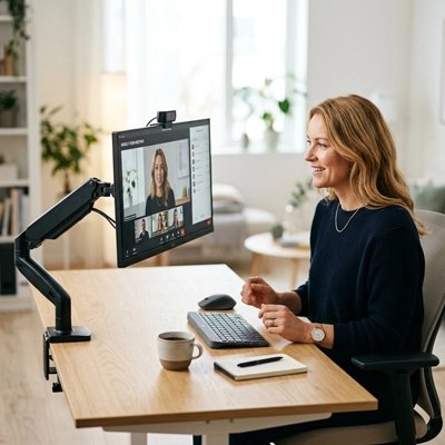 Femme en visio devant support ecran pc noir