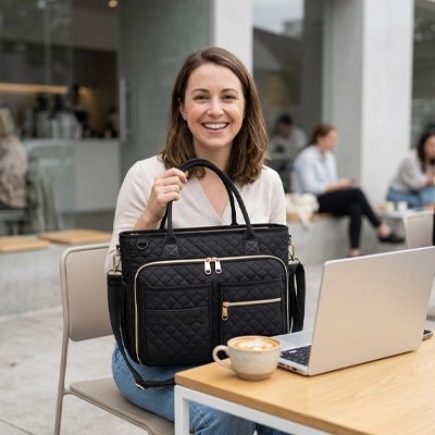 Femme montrant sac ordinateur laptop élégant noir 