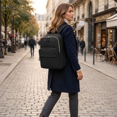 Femme portant sac a dos ordinateur portable 