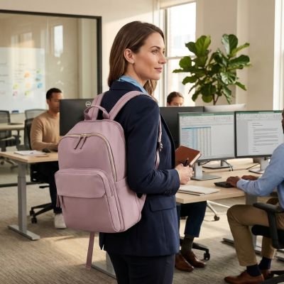 Femme portant sac a dos ordinateur portable