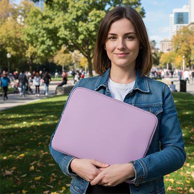Femme présentant housse pour ordinateur mauve