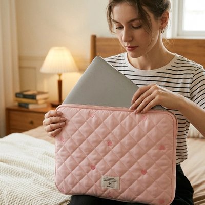 Femme rangeant housse ordinateur couleur rose coeurs roses