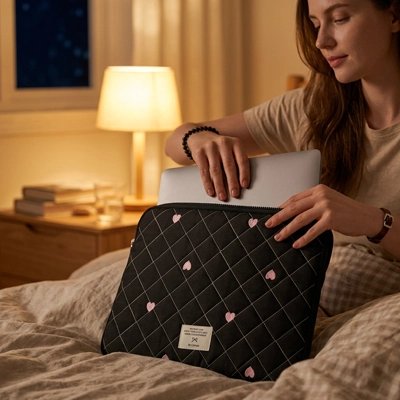 Femme rangeant housse ordinateur noir coeurs roses