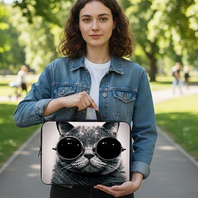 Femme sacoche ordinateur chat lunettes gris
