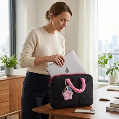 Femme sacoche ordinateur noir rose fleur