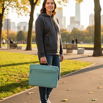 Femme tenant housse pour ordinateur verte légère