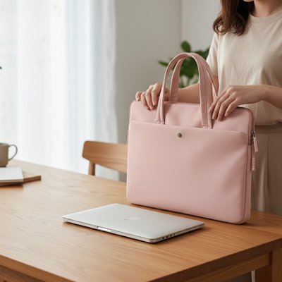 Femme tenant sac ordinateur léger rose pochette avant