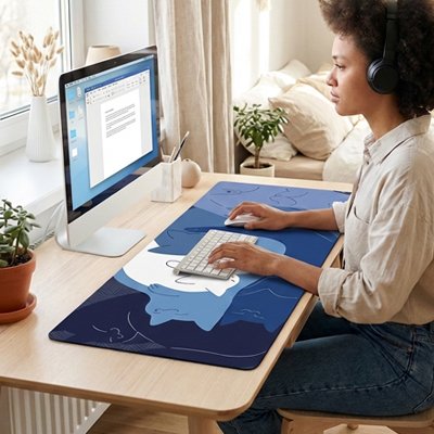 Femme travaillant sous main bureau chats bleu blanc marine