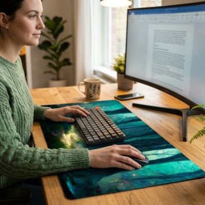 femme travaillant sous main bureau forêt colorée