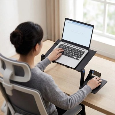 Femme travaillant support ordinateur portable tapis souris intégré