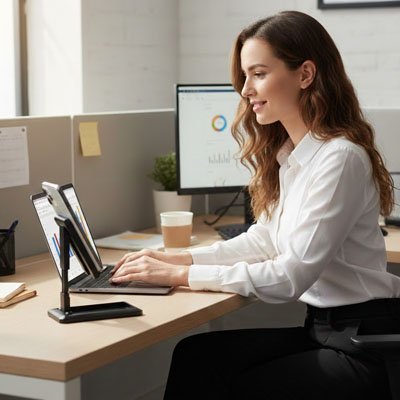 Femme travaillant tupport telephone bureau​ stable noir