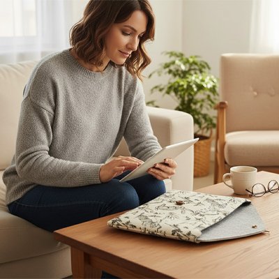 Femme utilisant pochette ordinateur 14 pouces tissu motif lapin