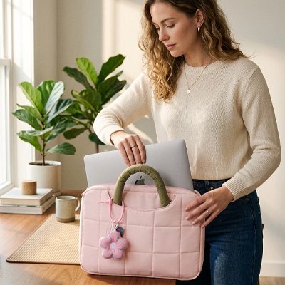 Femme utilisant sacoche ordinateur rose poignée verte