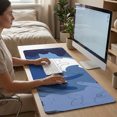 Femme utilisant sous main bureau chats bleu blanc marine