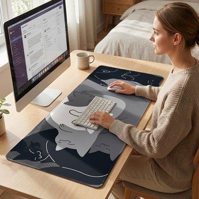 Femme utilisant sous main bureau chats gris noir blanc