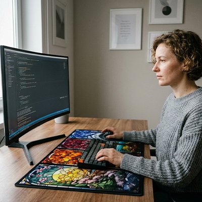 Femme utilisant sous main bureau design quatre saison