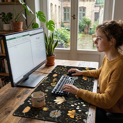 Femme utilisant sous main pour bureau fleurs jaunes 