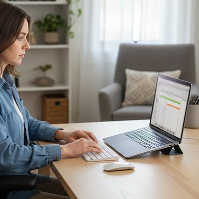 femme utilisant support ordinateur design épuré portable 