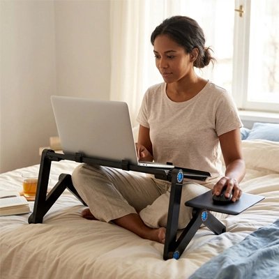 Femme utilisant support ordinateur portable lit