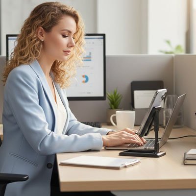Femme utilisant support telephone bureau​ stable noir