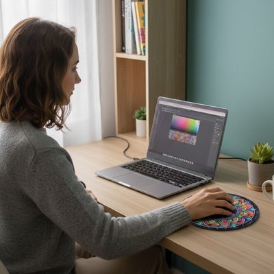 Femme utilisant tapis de souris design mandala
