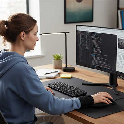 Femme utilisant tapis de souris ergonomique matelassé noir