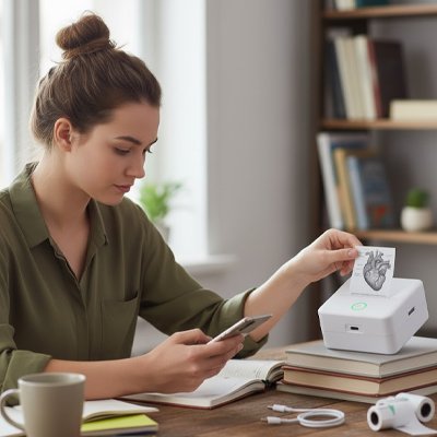 Femme utilisant téléphone Imprimante thermique étiquette 