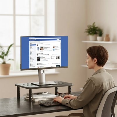 femme travaillant avec support ecran PC 