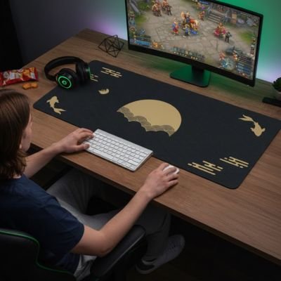 Gamer sous main bureau coucher de soleil noir jaune