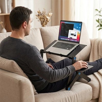 Homme assis canapé utilisant support ordinateur portable