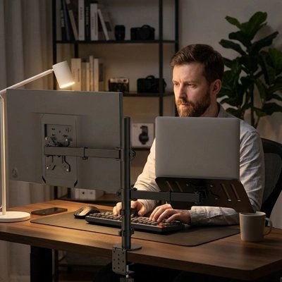 Homme concentré support ecran laptop