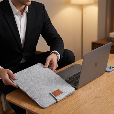 Homme déposant housse pour ordinateur feutre gris clair