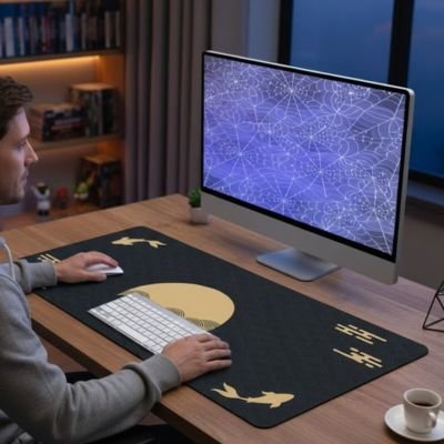 Homme devant sous main bureau coucher de soleil noir jaune