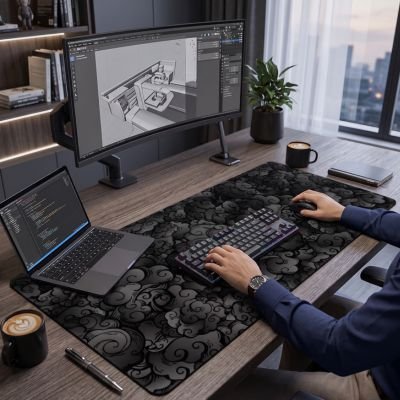 Homme devant sous main bureau nuages japonais