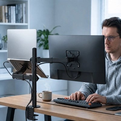 Homme devant support ecran et laptop